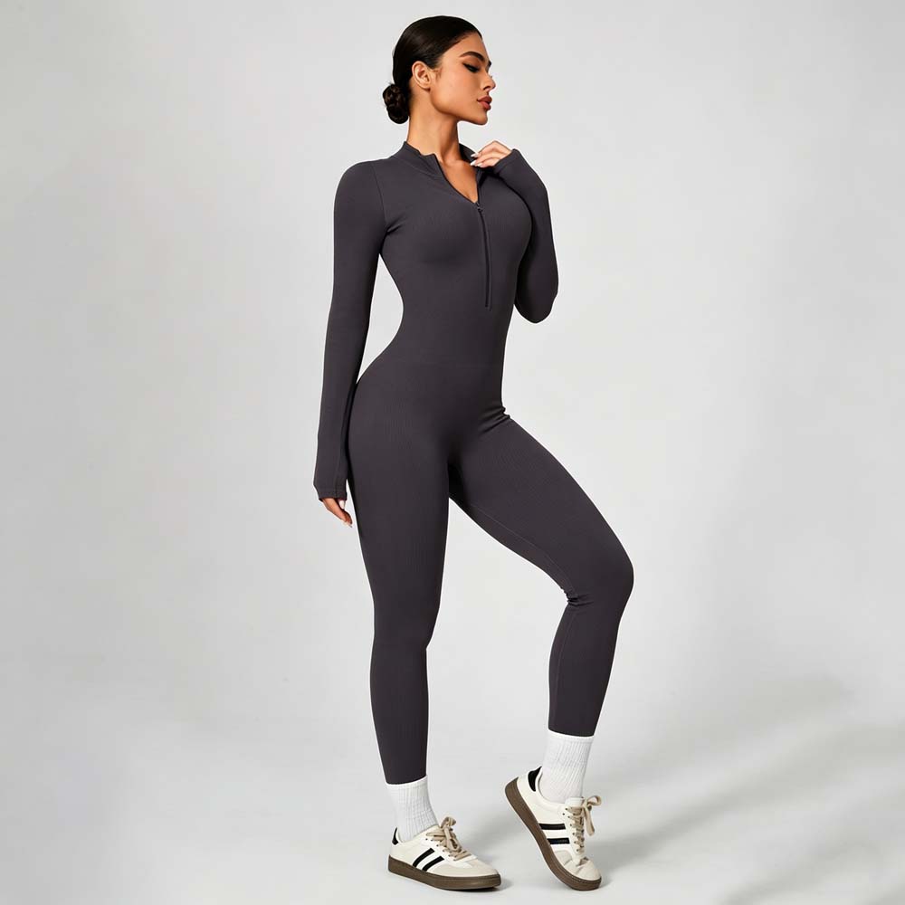 Yoga Bodysuit Seamless Stand Collar Zip-Up Jumpsuit