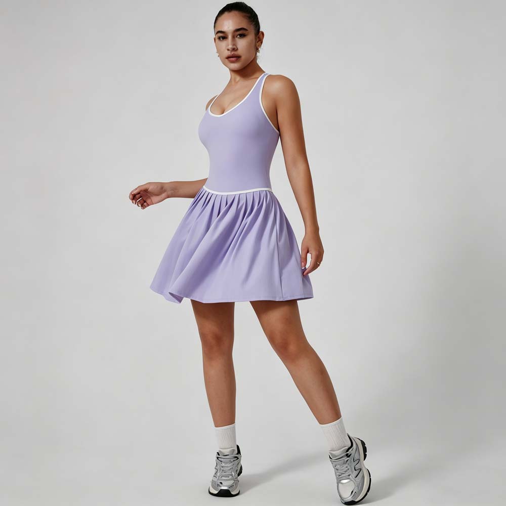 Yoga Bodysuit Racerback Tennis Dress with Built-in Shorts