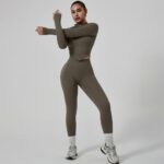 Yoga Outfit Seamed Zip-Up Long Sleeve Top & Leggings Workout Set Model ZR-1246