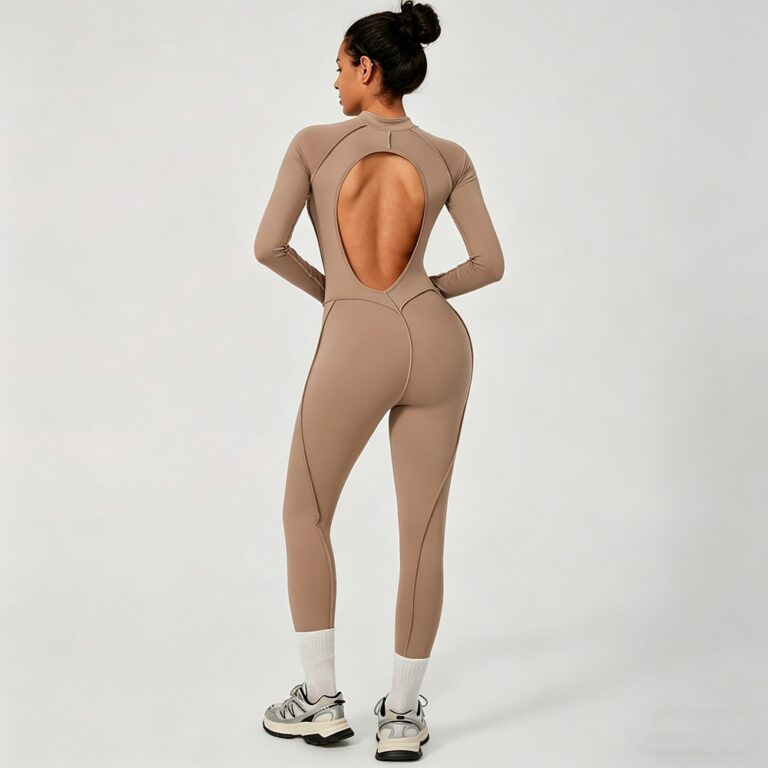 Yoga Bodysuit Half-Zip Stand-Collar Backless Workout Jumpsuit