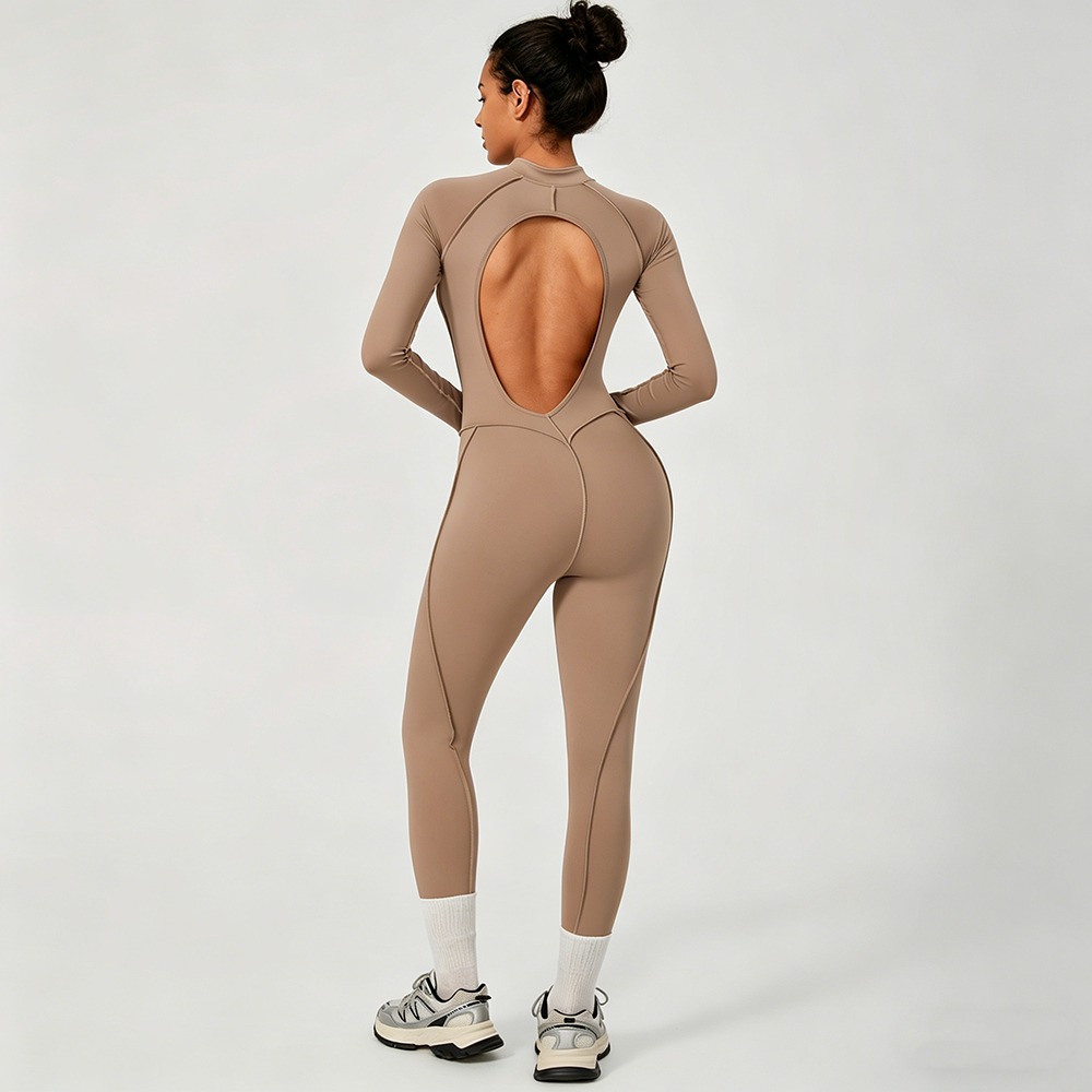 Yoga Bodysuit Half-Zip Stand-Collar Backless Workout Jumpsuit